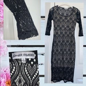 Almost Famous Black Midi Dress with Tan Silk slip